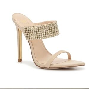 Jennifer Lopez Noin Open Toe Beige/Nude Blended Fabric Jeweled Slide Sandal 7.5